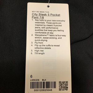 Brand new with tags size 6 Lululemon 5 Pocket City Sleek 3/4 length black pants